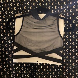 Sexy mesh sheer crop top black zip up